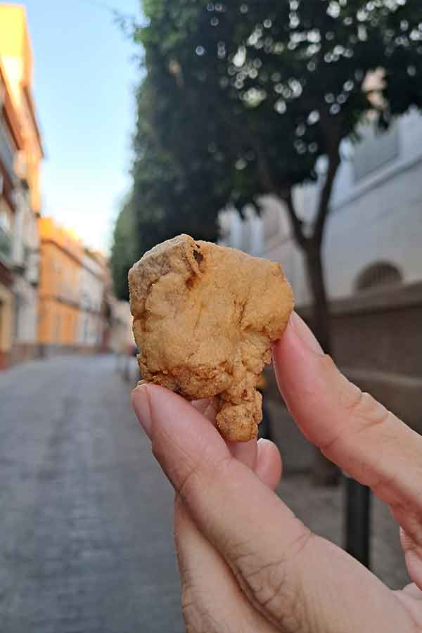 A portion of Cazón en Adobo which is marinated dogfish – you might see it written as bienmesabe. It’s then battered and fried.