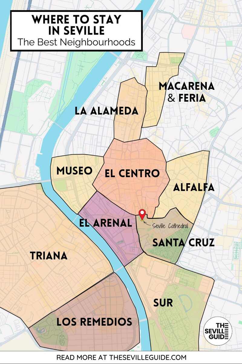 Map showing where to stay in Seville, with the best places and neighbourhoods marked, including Santa Cruz, El Centro, Alfalfa, El Arenal, Triana, La Alameda, Macarena and Feria, Museo, Los Remedios, and Sur.